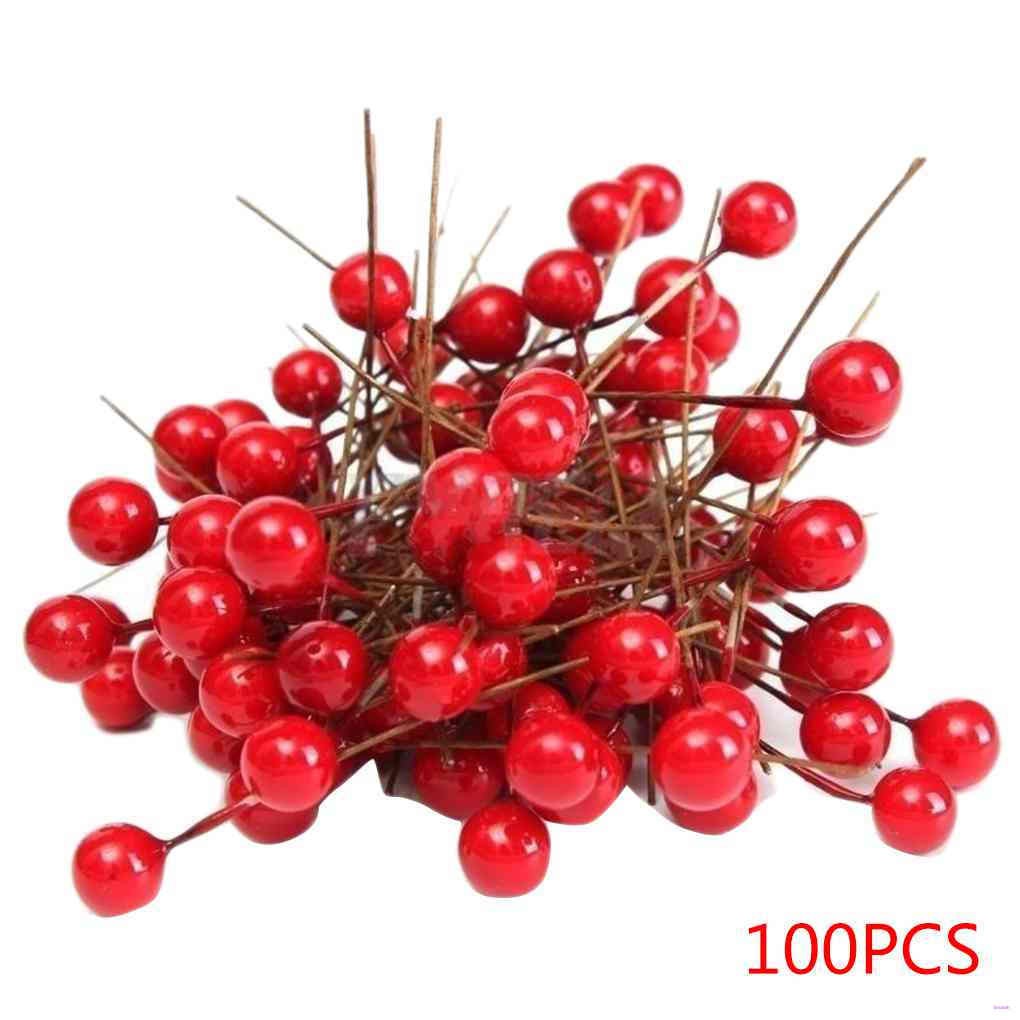 Bộ 100 quả berry holly nhân tạo màu đỏ bằng xốp dùng để trang trí Giáng Sinh