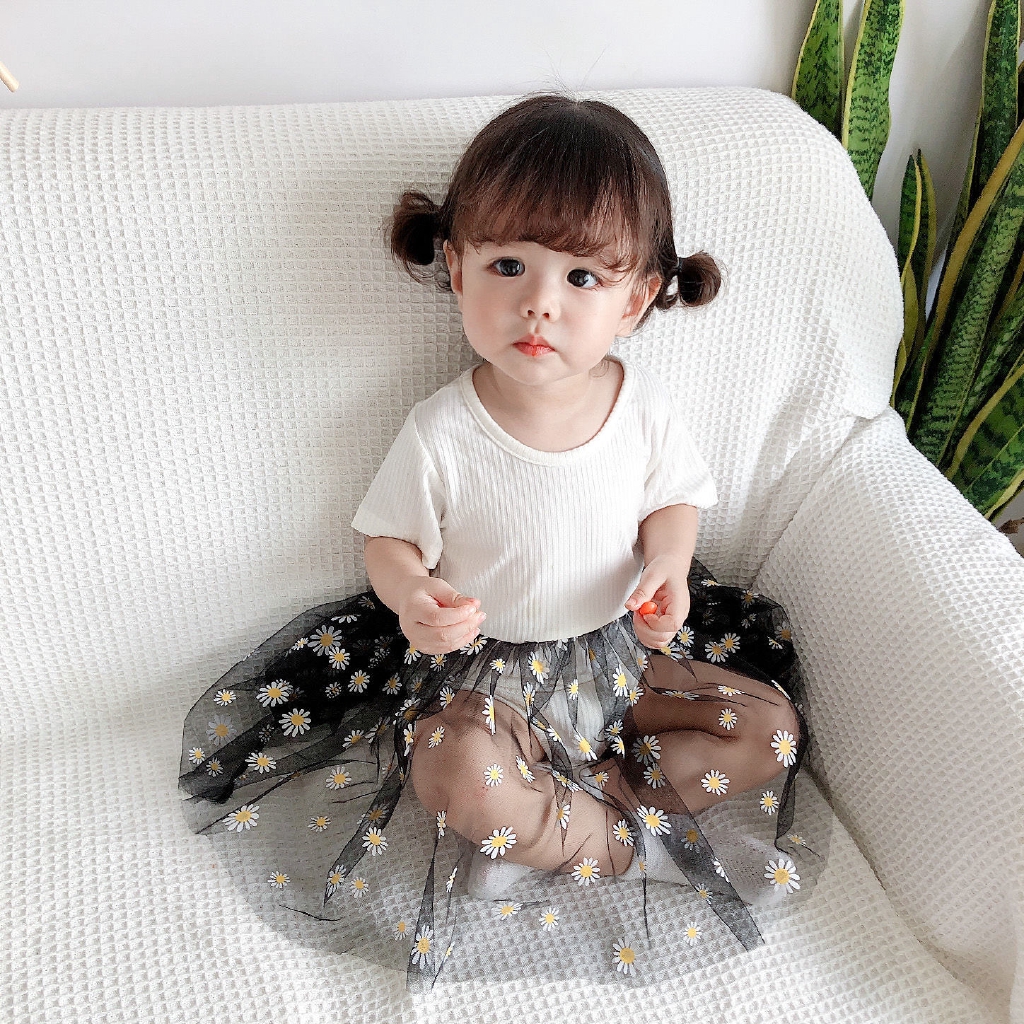 Jumpsuit cotton tutu lưới hoạ tiết hoa cúc công chúa tay ngắn cho bé gái
