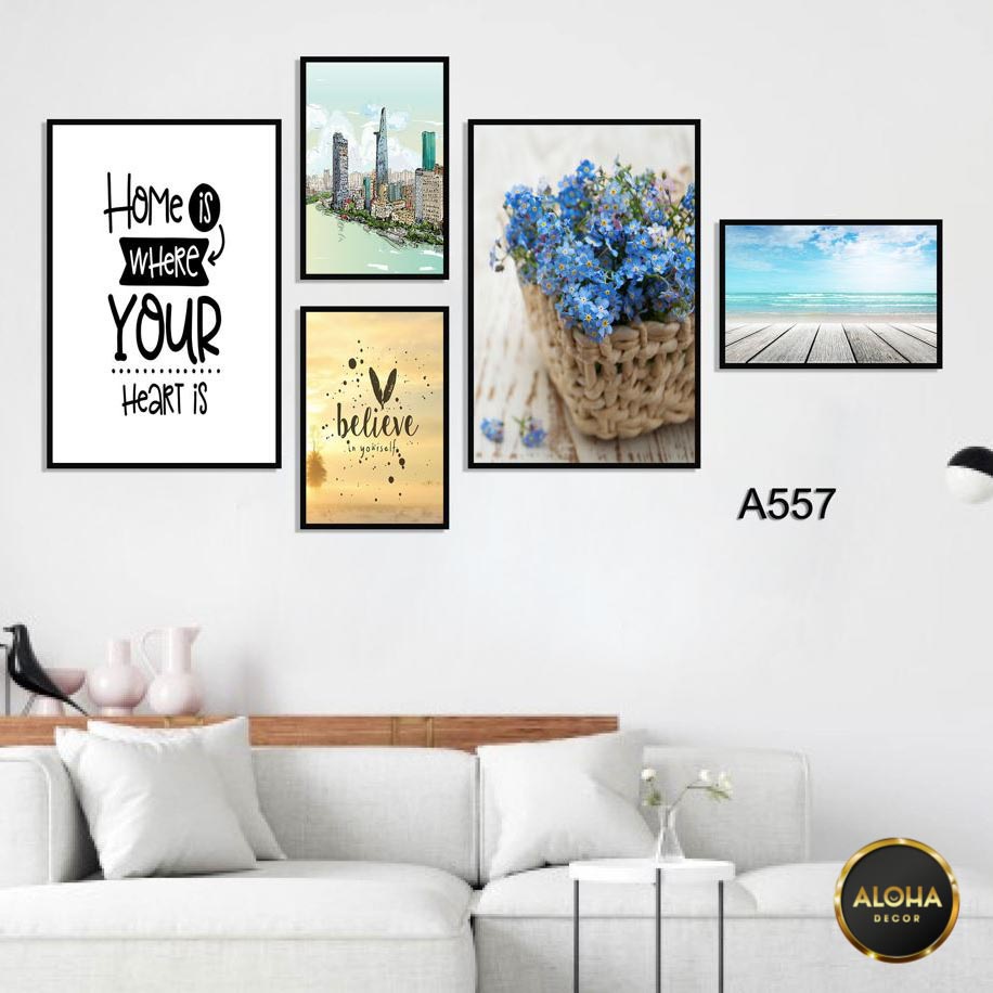 Bộ 5 tranh treo tường phòng khách, decor phòng ngủ hiện đại , Tranh phong cảnh thành phố xanh tặng khung tranh và đinh