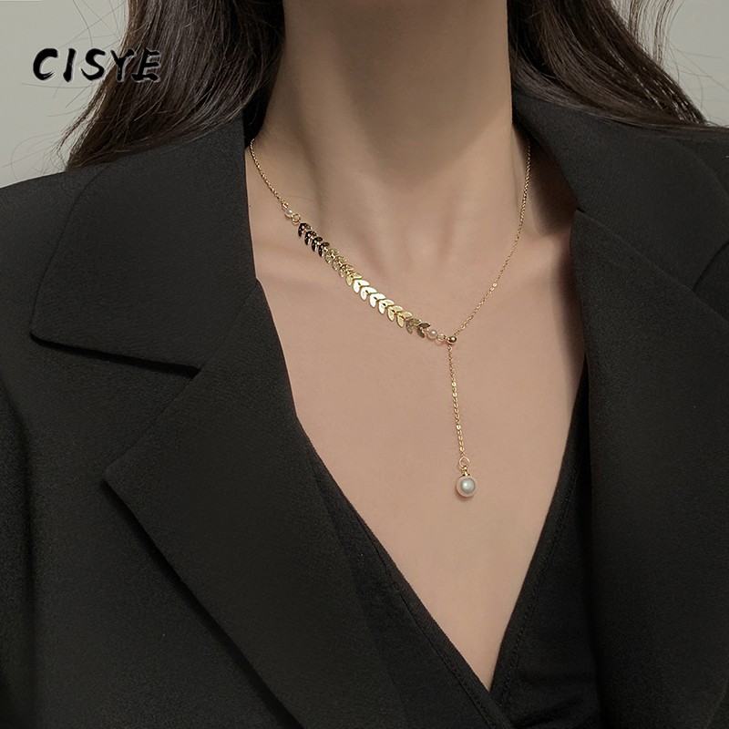 Dây chuyền thiết kế hình lá lúa mì phối mặt đính hạt ngọc trai nhân tạo có thể điều chỉnh thời trang cho nữ