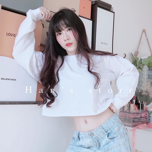 Áo thun croptop cổ tròn tay dài basic đen trắng ( sp y hình 100% )