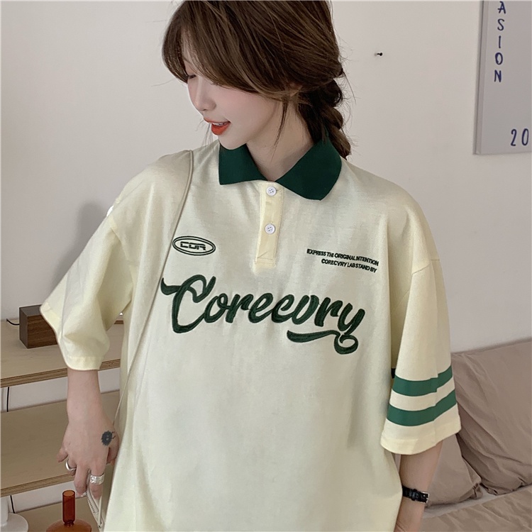 Áo polo Ngắn Tay Dáng Rộng Kẻ Sọc In Chữ Thời Trang Cho Nữ