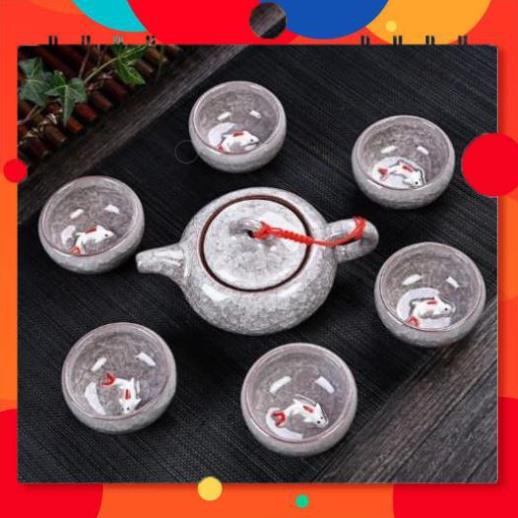 [RE NHAT SHOPEE]  Bộ Ấm Trà Chén Cá 3D - Có Chú Cá Nổi Bên Trong Chén - Xanh Ngọc