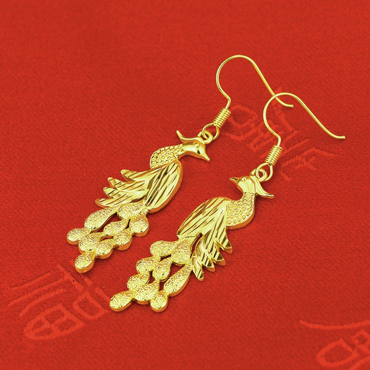Bông tai nữ  mạ 24k dáng dài kiểu đôi chim công -T1