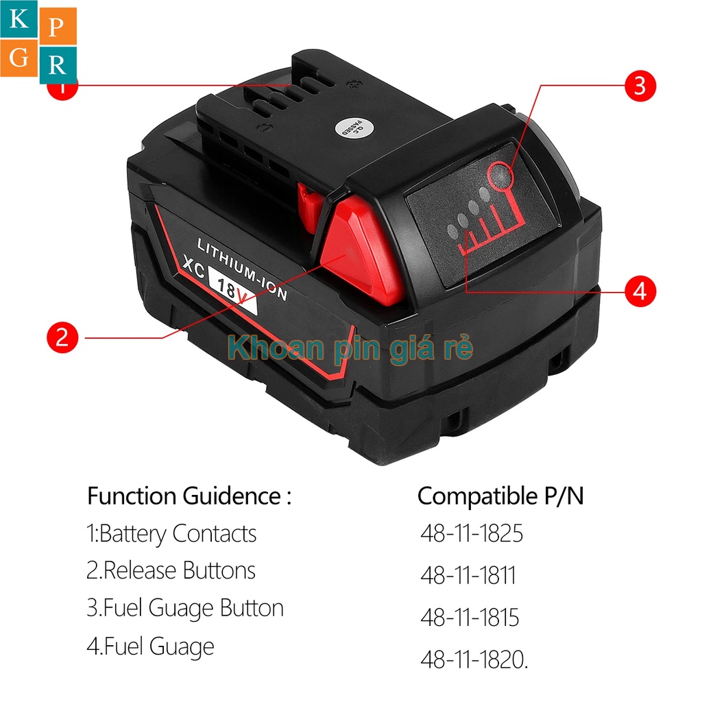 KPGR Vỏ pin Milwaukee 18V 5S2P Li-ion 3.7V nhận sạc zin