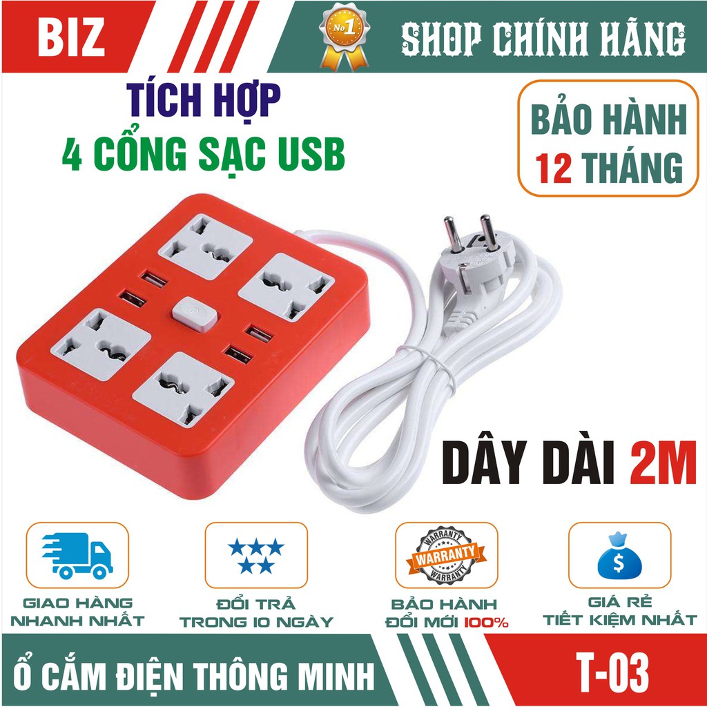 Ổ cắm điện thông minh tích hợp 4 cổng sạc nhanh USB 5V-4A - Bảo hành 12 tháng!!!