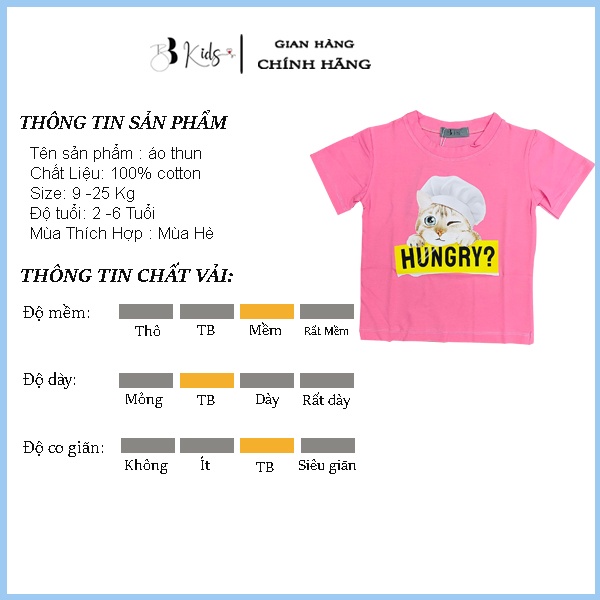 Áo Thun Ngắn Tay BB Kids Cho Bé In Hình Mèo Hungry Chất Liệu Cotton 100% Co Giãn 4 Chiều