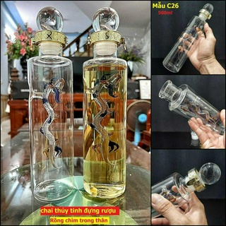 Chai Thủy Tinh Đựng Rượu 500ML trụ tròn mẫu rồng chìm trong thân – nắp đặc - Vỏ Chai Rượu Đẹp - Bình Đựng Ruou