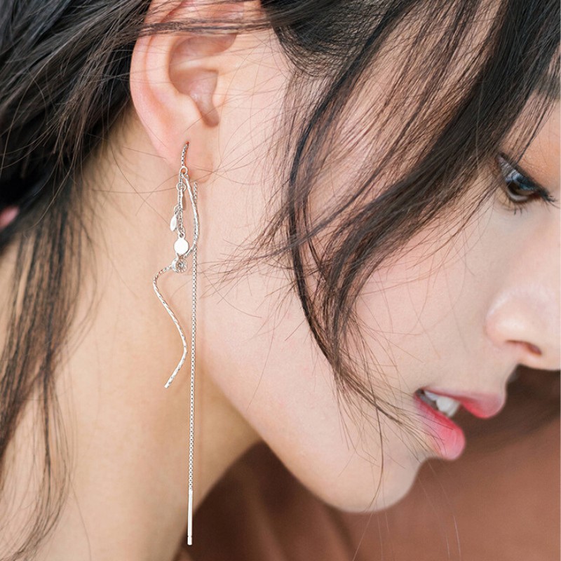 Bông Tai Bạc S925 Pendant Wave Sợi Thả Thanh Lịch | Khuyên Tai Nữ Trang Sức Bạc Thời Trang
