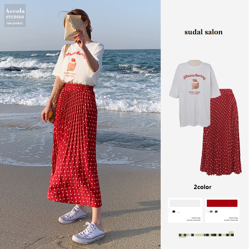 (ORDER) Chân váy MORAN cạp cao xòe dài xếp ly nhăn chấm bi màu đỏ style vintage điệu đà nổi bật