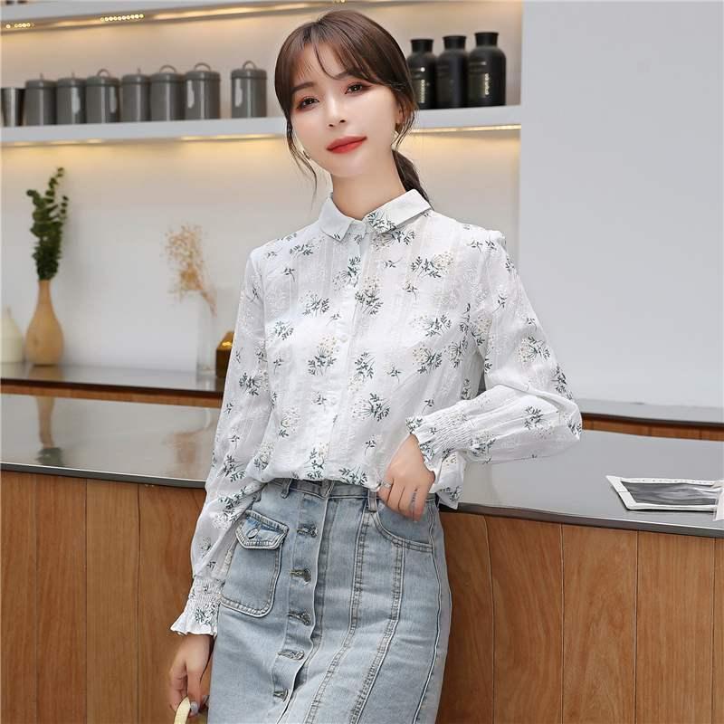 áo sơ mi nữ áo croptop áo sơ mi nữ áo sơ mi áo sơ mi tay ngắn Áo Sơ Mi Tay Dài Ống Loe Dáng Rộng In Họa Tiết Hoa Thời Trang Mùa Thu Hàn Quốc 2022