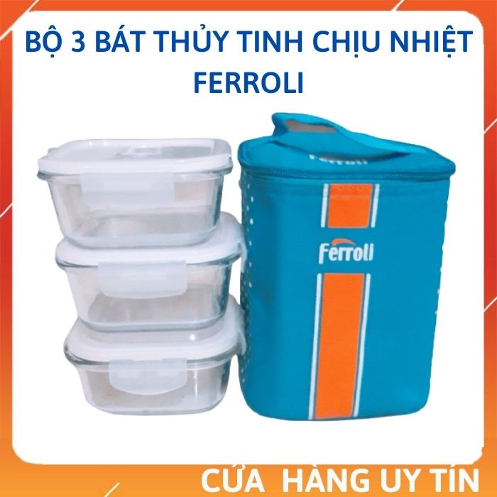 Bộ 3 bát thủy tinh Feroli dày dặn kèm túi giữ nhiệt chịu được nhiệt độ lên đến 400 độ C sử dụng an tòan với lò vi sóng