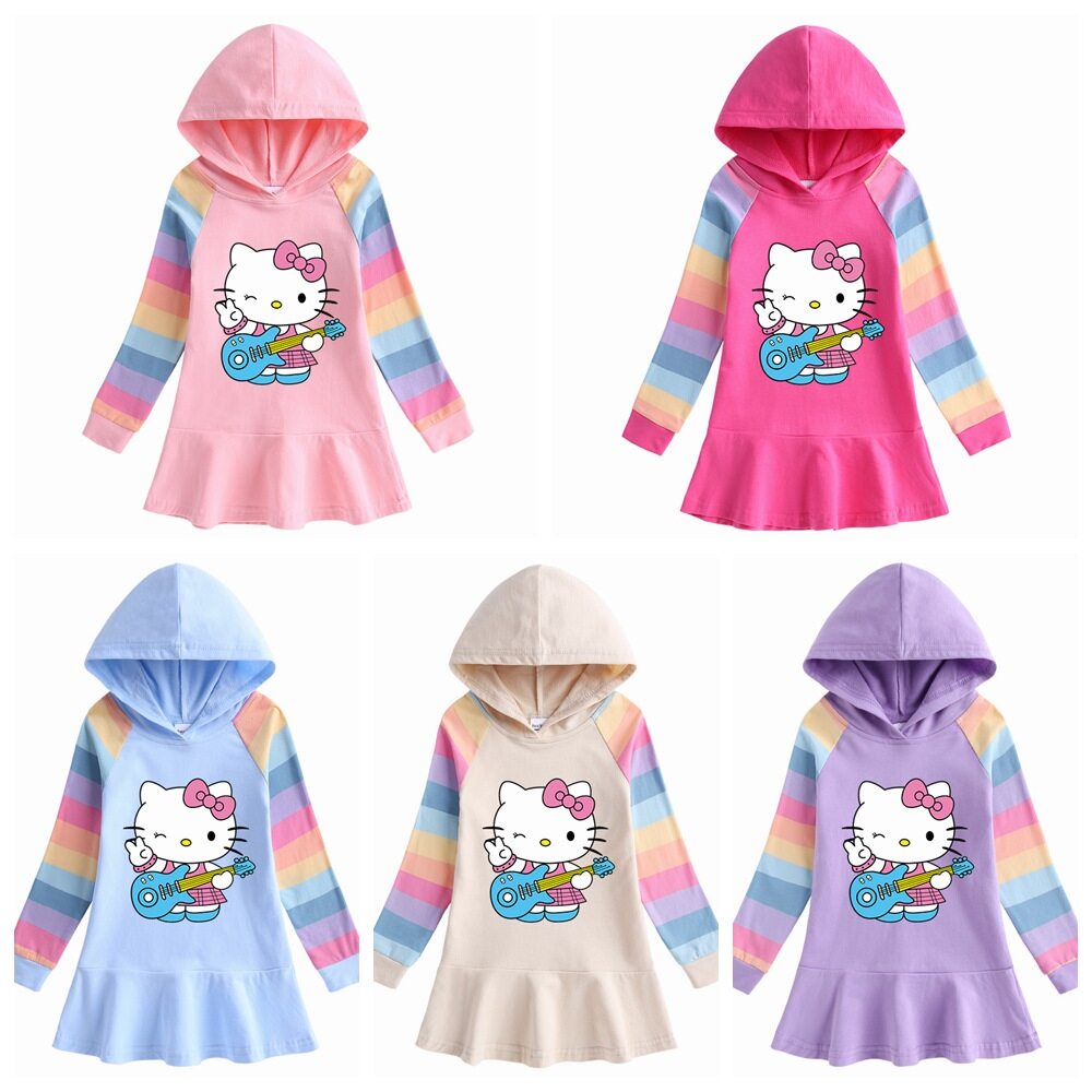 Đầm Hoodie In Hình Mèo Hoạt Hình Dễ Thương Dành Cho Bé Gái 1-8 Tuổi