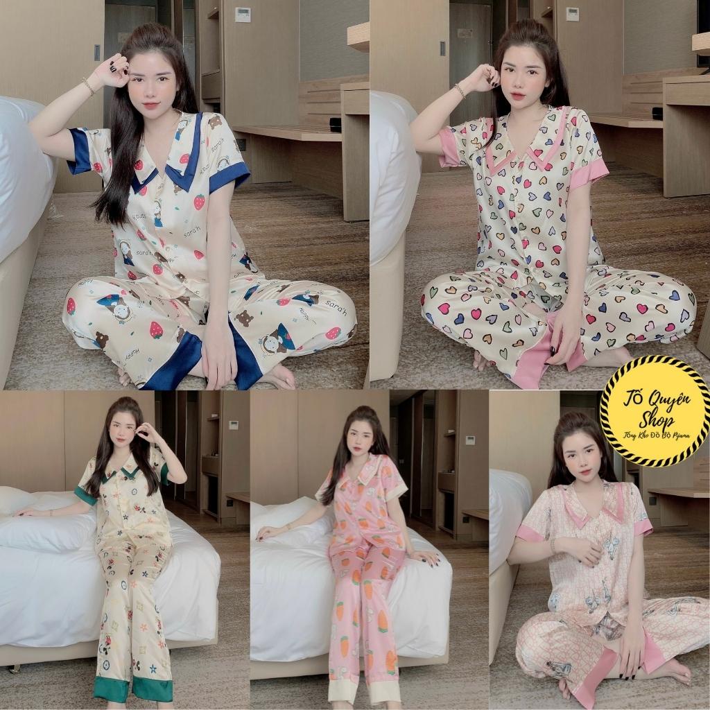 Bộ Đồ Ngủ Lụa 🔥FREESHIP🔥Đồ Bộ Pijama Lụa Satin Quần Dài Áo Cộc Hoạt Tiết Trang Nhã Màu Hồng - Đen - Đỏ BN3.2