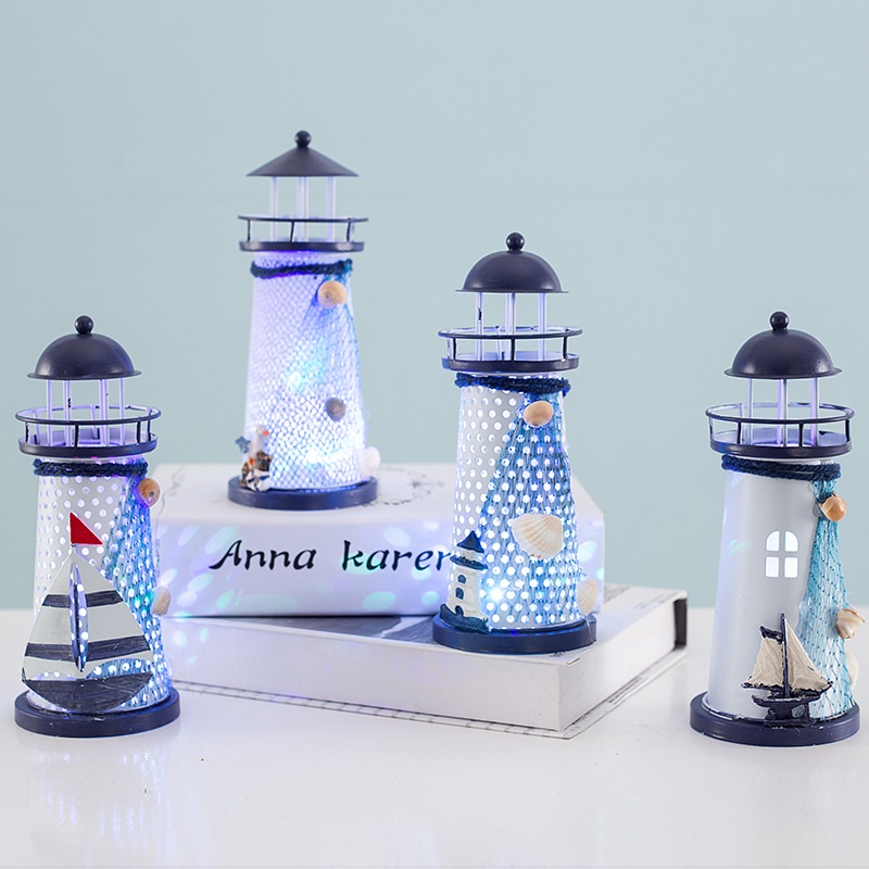 Hải đăng sắt 19cm kèm đèn LED _ phong cách Địa Trung Hải để bàn hoặc bày kệ trang trí