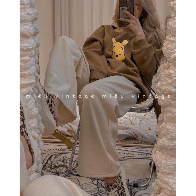 Set quần áo 🌸 Bộ áo nỉ tay bồng quần dài màu nâu be gấu POOH oversize style Ulzzang dành cho nữ PHULA | BigBuy360 - bigbuy360.vn