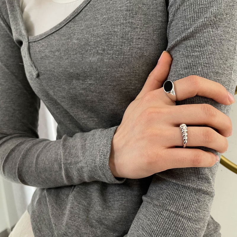 Nhẫn Hở Đính Đá Đen / Bạc Hình Oval Điều Chỉnh Được Phong Cách Hip Hop Cổ Điển Thời Trang Cho Nữ