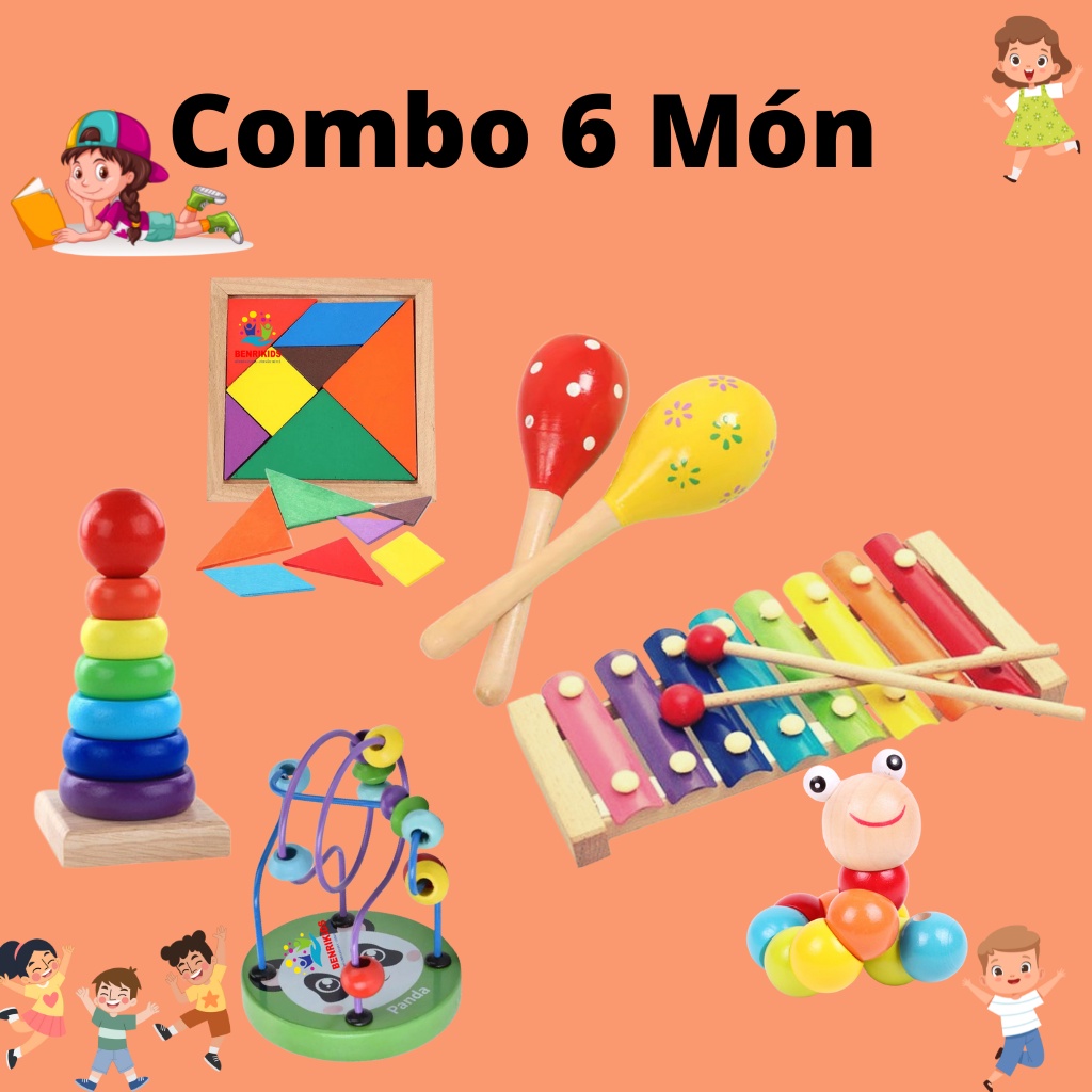 Combo Đồ Chơi Gỗ Đồ Chơi Thông Minh Phát Triển Trí Tuệ Cho Bé 6 Món Đàn, Sâu, Tháp, Luồn Hạt, Tangram,Lục Lạc Chùy