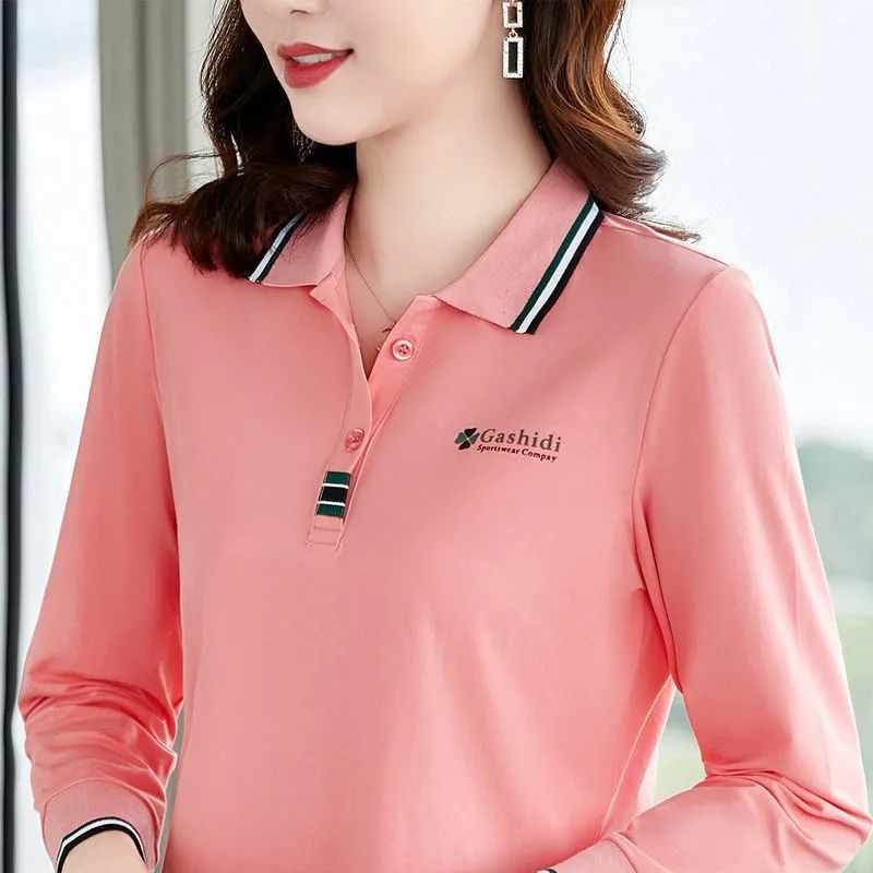 Áo Thun polo Tay Dài Màu Trơn Dáng Rộng Bằng Vải Cotton Thời Trang Mùa Thu Hàng Mới Dành Cho Bạn Nữ Trung Niên