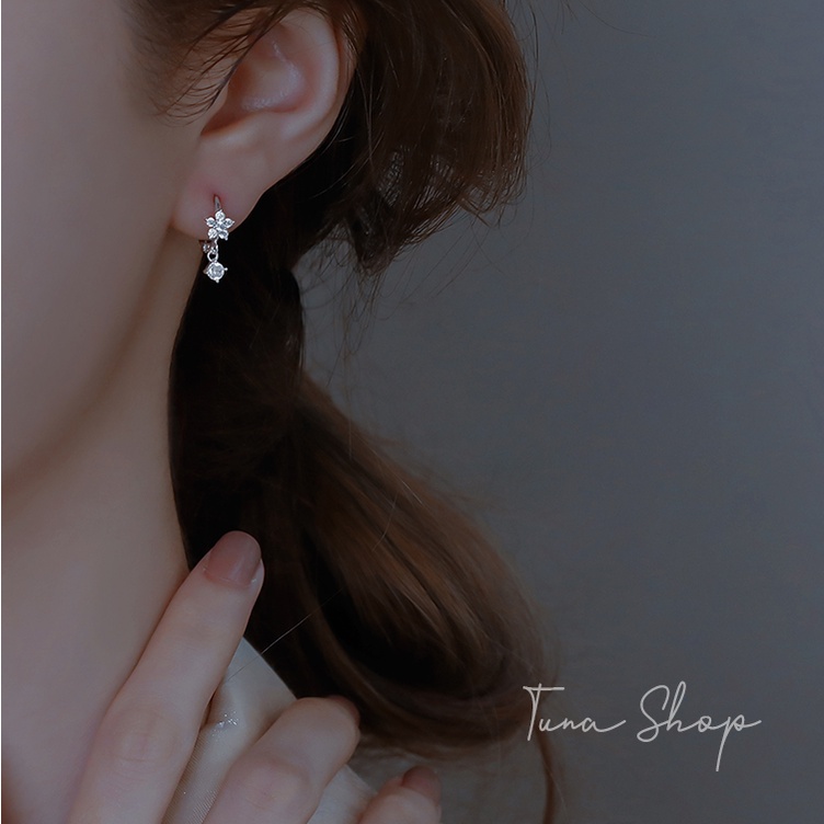 Khuyên tai bạc tròn gắn đá hình hoa, Hoa tai Bạc bạc tròn đính đá, Bông tai bạc nữ đá xinh TUNA SILVER CAM KẾT CHUẨN BẠC