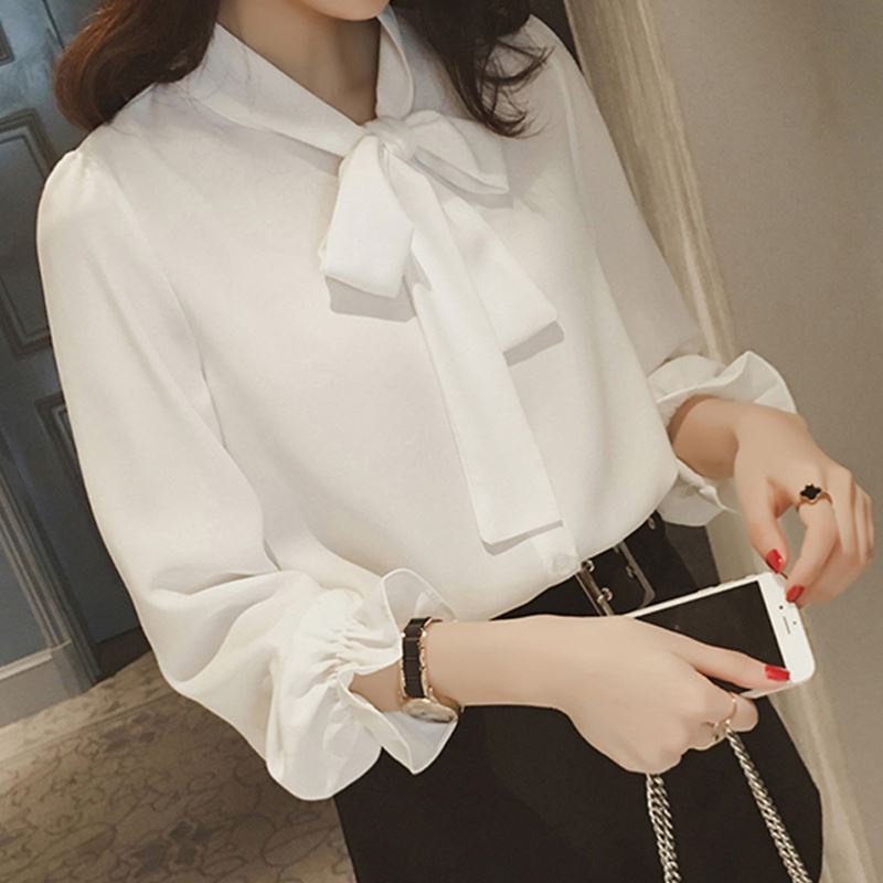 Áo sơ mi voan nữ tay dài phối nơ cổ xinh xắn