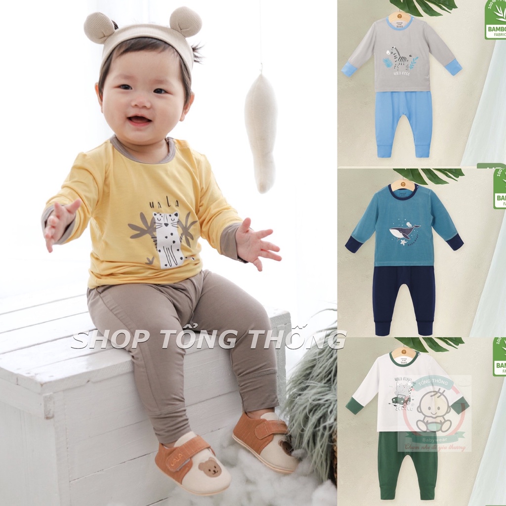 Bộ Uala Rogo dài tay Bamboo cao cấp mềm mịn thoáng mát thấm hút tốt in động vật mới cho bé trai bé gái 2082