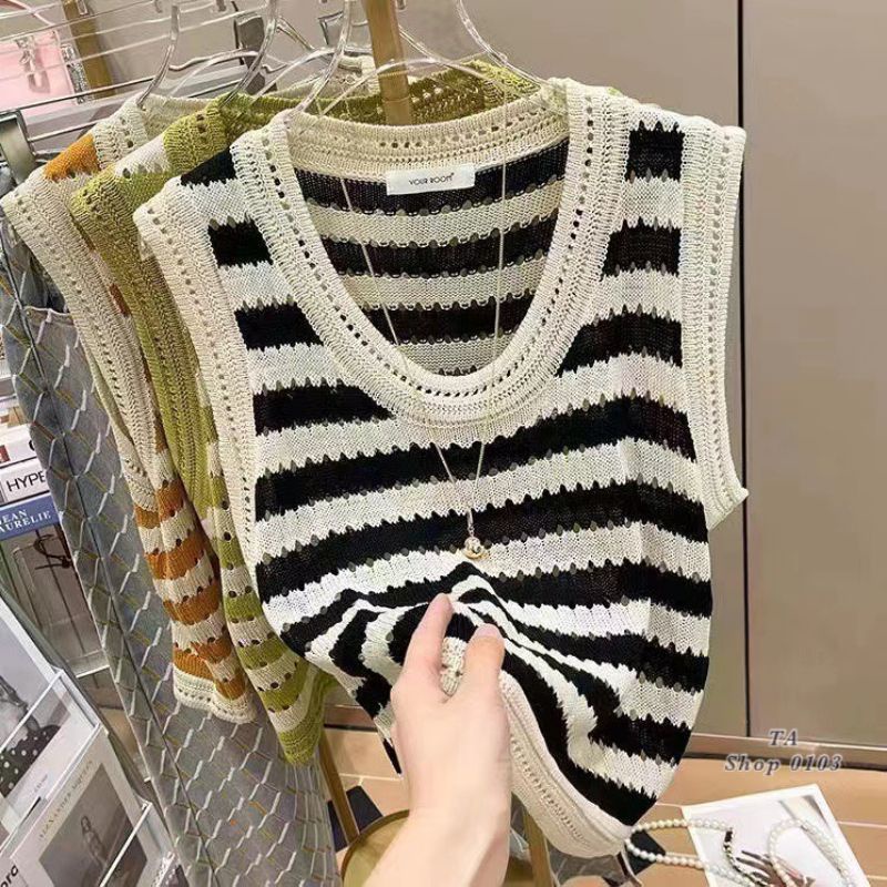 Áo len lưới kẻ viền hàng QC