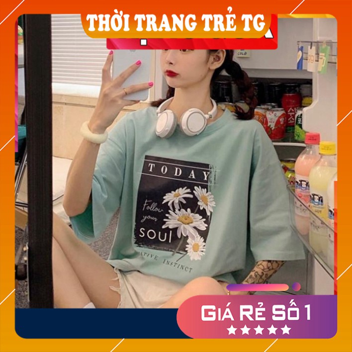 Áo thun 💕𝑭𝒓𝒆𝒆𝒔𝒉𝒊𝒑💕 Áo phông form rộng Unisex L154 mặc cặp, nhóm, lớp, in hình hoa cúc chữ TODAY SOUL màu xanh ngọc