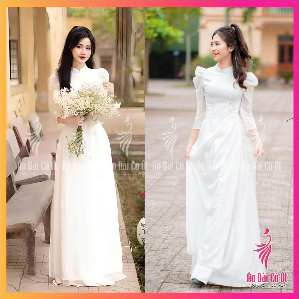 Áo Dài Trắng Truyền Thống Nữ 4 Tà Vải Tơ Óng Tay Bồng Hàng May Sẵn