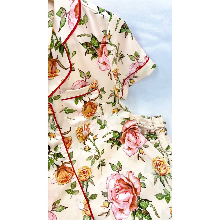 Pijama Lụa Nhật Cao Cấp JAPAN SILK Tay Ngắn Quần Cộc Họa Tiết Đóa Hoa BC064