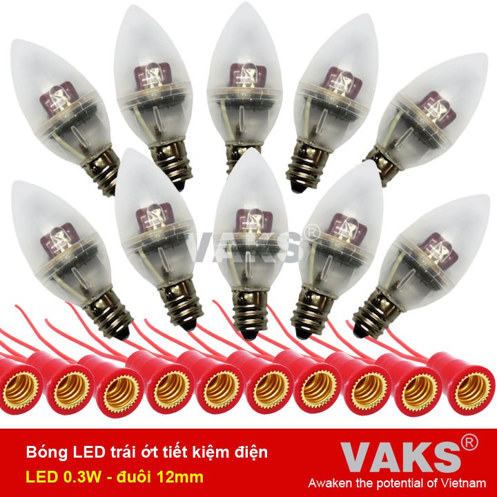 BỘ ĐÈN LED 10 TRÁI ỚT + 10 ĐUÔI VẶN, TIẾT KIỆM ĐIỆN (0.3W) ĐUÔI VẶN E12-220V, có 5 màu.