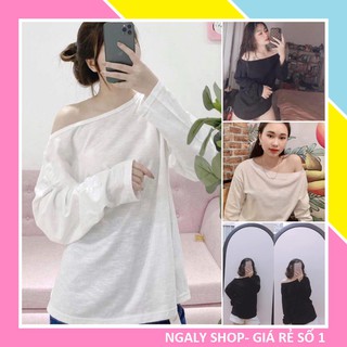 Áo Trễ Vai Dài Tay Nữ Hàn Quốc Mẫu Mới Basic Thu Đông 2021🎗Áo Thun Xước Lệch Vai Nữ Tay Dài Đen Trắng