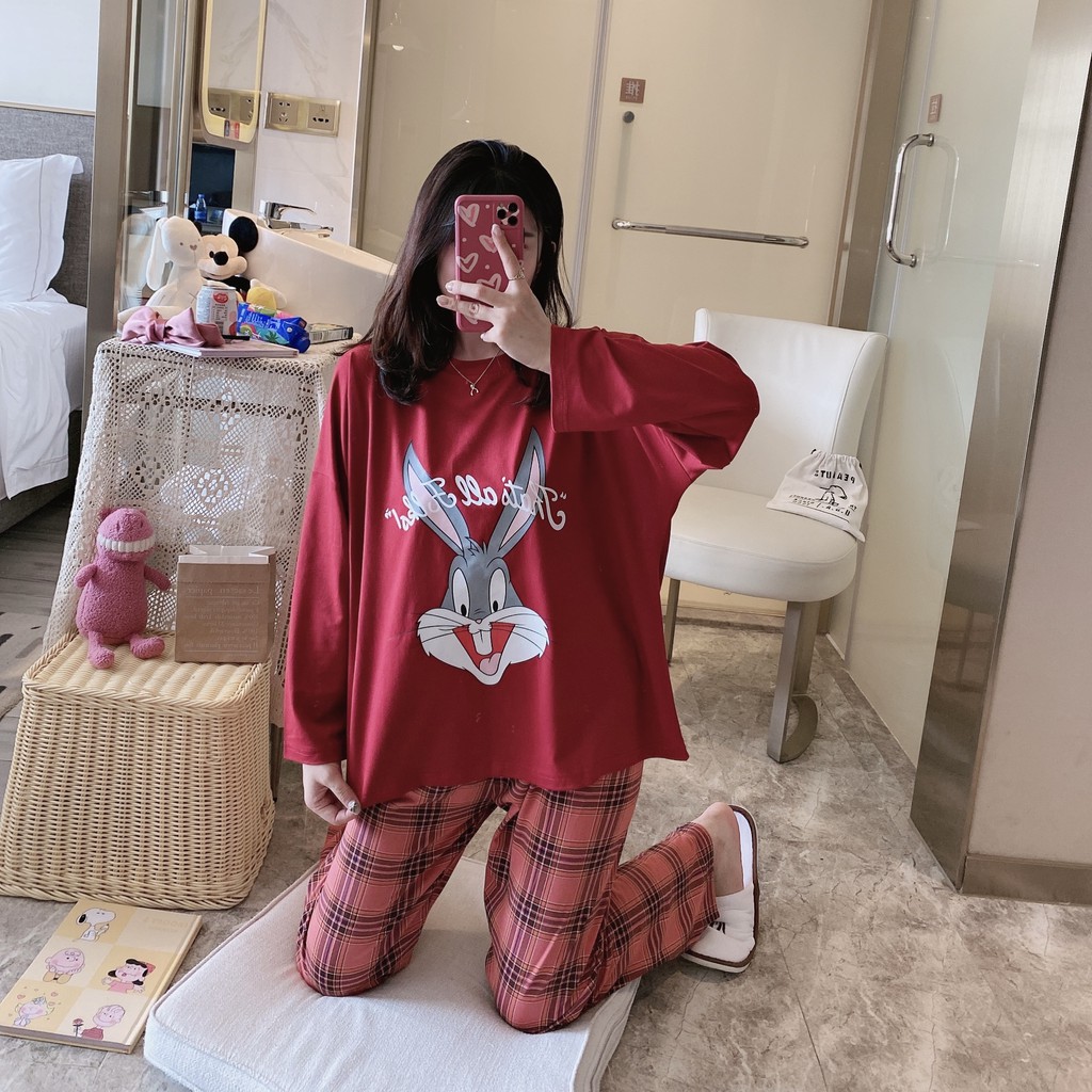 Bộ ngủ pijama dài tay quần kẻ nhiều màu