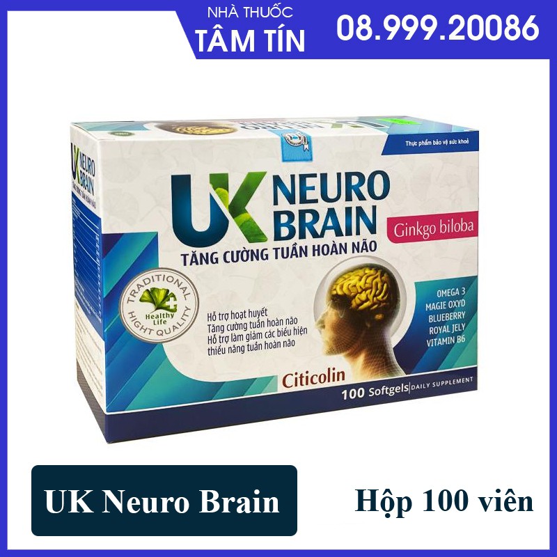 [CHÍNH HÃNG ] UK Neuro Brain- citicolin ginko biloba 200mg-Tăng Cường Tuần Hoàn Não - HỘP 100 VIÊN