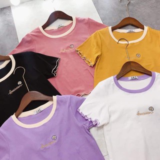 Sale -  ÁO CROPTOP VIỀN CỔ THÊU HOA CÚC RUCCSSION TAY NGẮN 5 MÀU - ÁO CRT VIỀN BÈO THÊU HOA