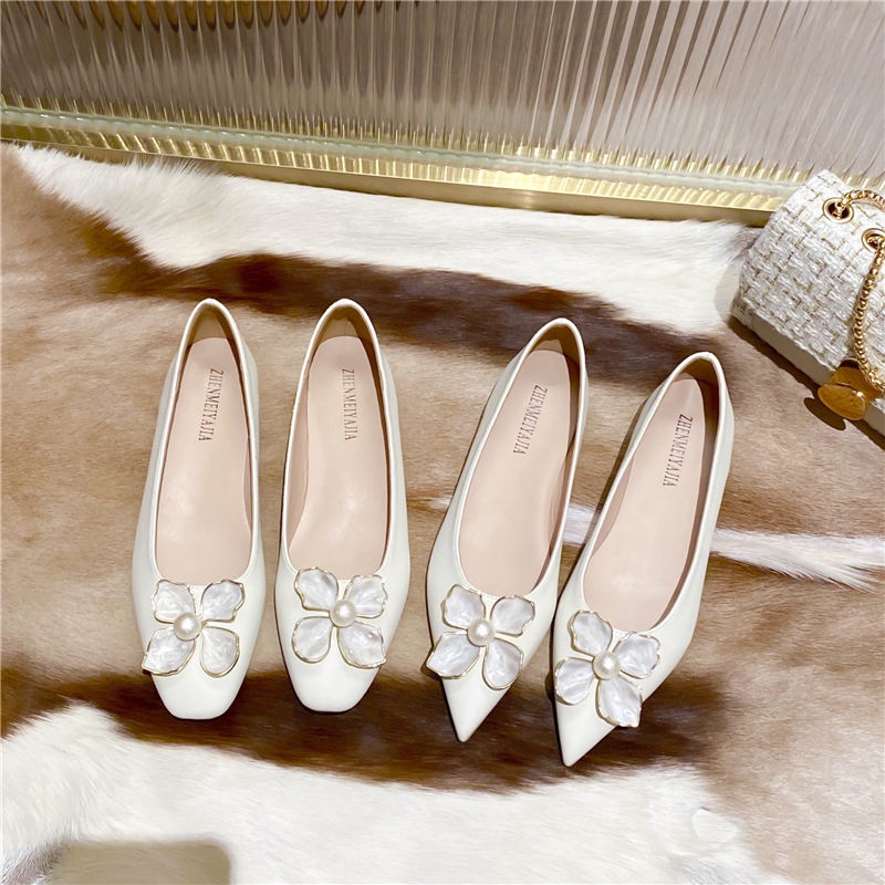 Giày Búp Bê Mũi Nhọn Đế Mềm Đính Ngọc Trai Giả Xinh Xắn Cho Nữ Size 33-44
