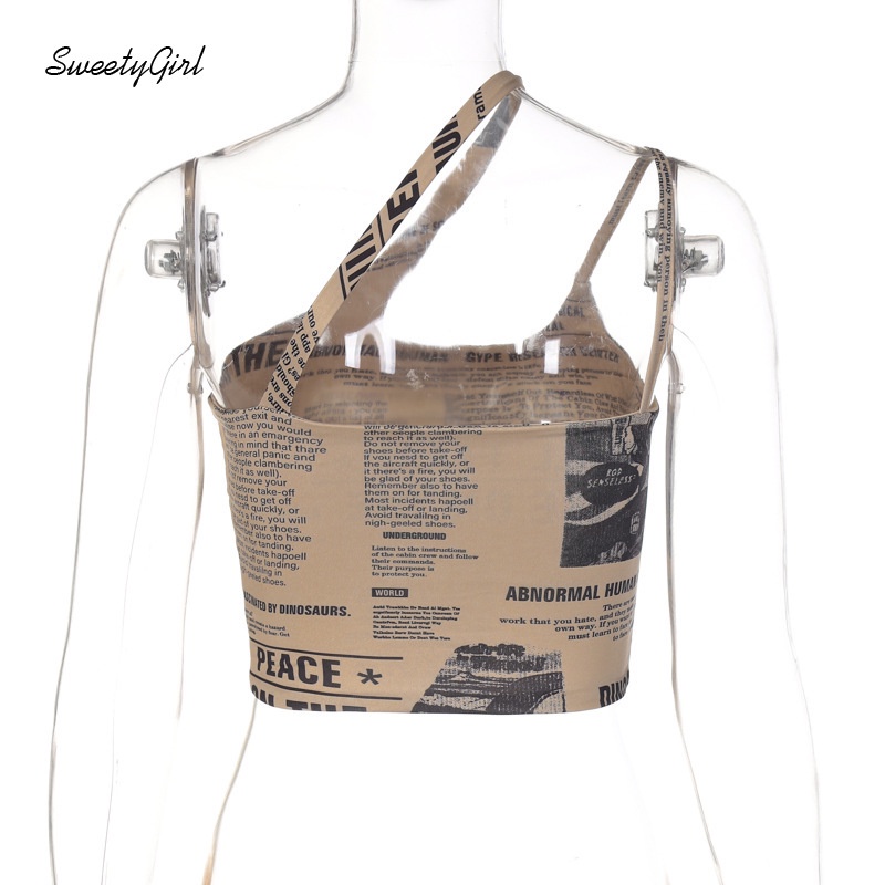 Áo Hai Dây Cổ Thấp In Họa Tiết Báo Chí Thời Trang 2022 Cho Nữ