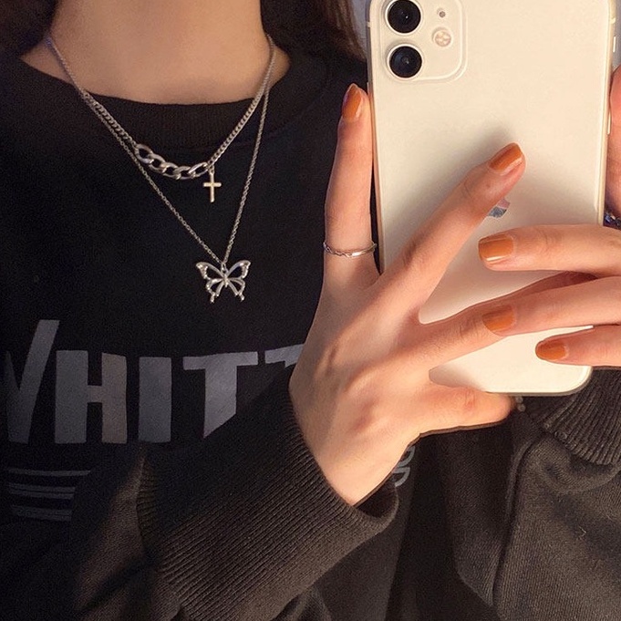 Vòng cổ hai lớp mặt hình bướm phong cách hip hop cá tính thời trang
