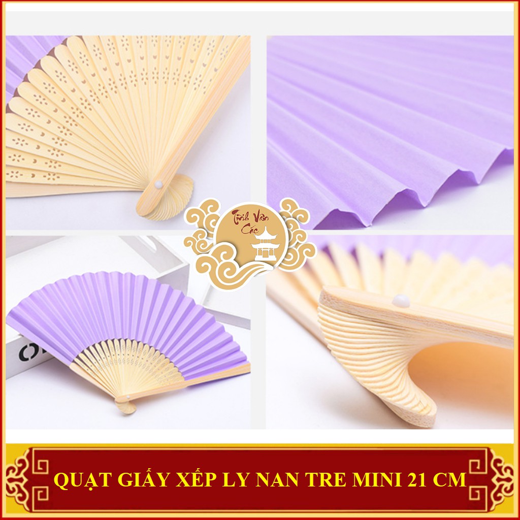 Quạt giấy xếp ly nan tre mini Tĩnh Vân Các màu tím nhạt