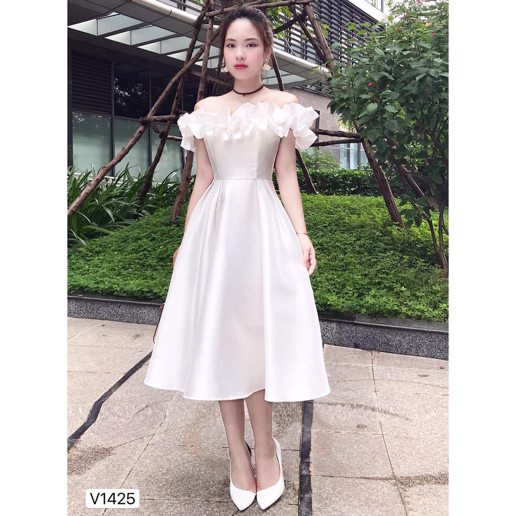 Đầm trắng trễ vai dáng xòe công chúa V1425_ Đậu Studio [Kèm ảnh thật] | BigBuy360 - bigbuy360.vn