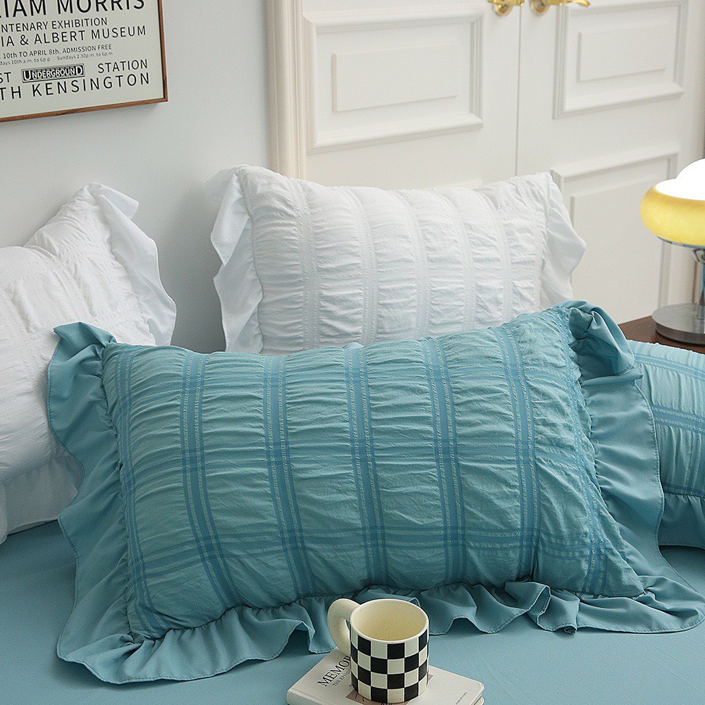 Bộ chăn ga gối cotton đũi giúm viền bèo mẫu mới, bộ 4 món vỏ chăn ga và 2 vỏ gối đũi giúm đủ size
