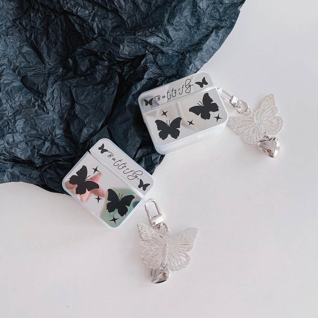 Vỏ Bảo Vệ Hộp Sạc Tai Nghe Bluetooth AirPods 1 2 pro 3 2021 gen3 Bằng Tpu Silicone Mềm Mặt Gương Hình Bướm Đen