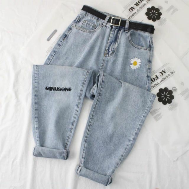 Quần Baggy Jeans Nữ Thêu Hoa Cúc Trơn Và Rách