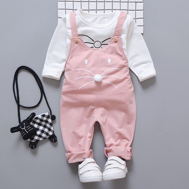 Set áo tay dài + quần yếm họa tiết mèo dễ thương cho bé gái