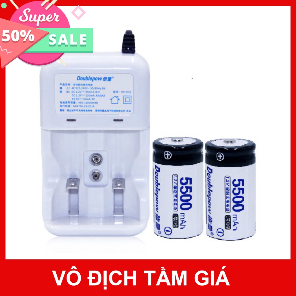 (GIÁ HỦY DIỆT) Bộ pin + sạc pin Pin Đại ( Pin Số 1) dung lượng 5500mah Doublepow dùng cho bếp gas, đèn pin, chuông báo đ