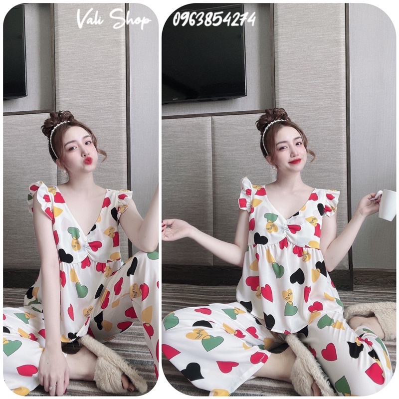Đồ ngủ lụa mango quần dài hoạ tiết freesize 42-57kg