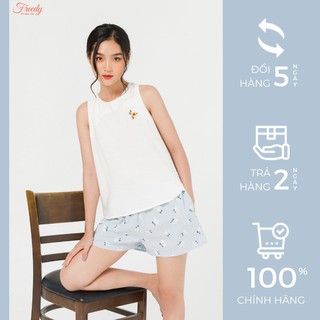 Đồ ngủ đẹp, đồ mặc nhà thiết kế thoải mái cao cấp Freedy sát nách thêu hoa ngực quần xanh