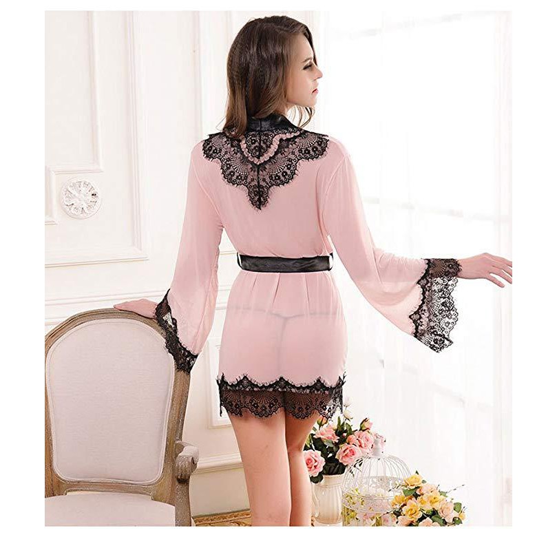 Áo choàng ngủ sexy xuyên thấu dài tay thun ren hồng be  phối đen ' MS 45-042-104