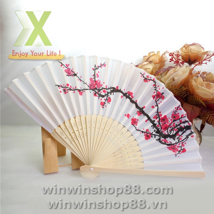 Quạt vải xếp họa tiết hoa anh đào, Quạt xếp cầm tay hoạ tiết hoa phong cách Trung Quốc trang trí sáng tạo - Andhere