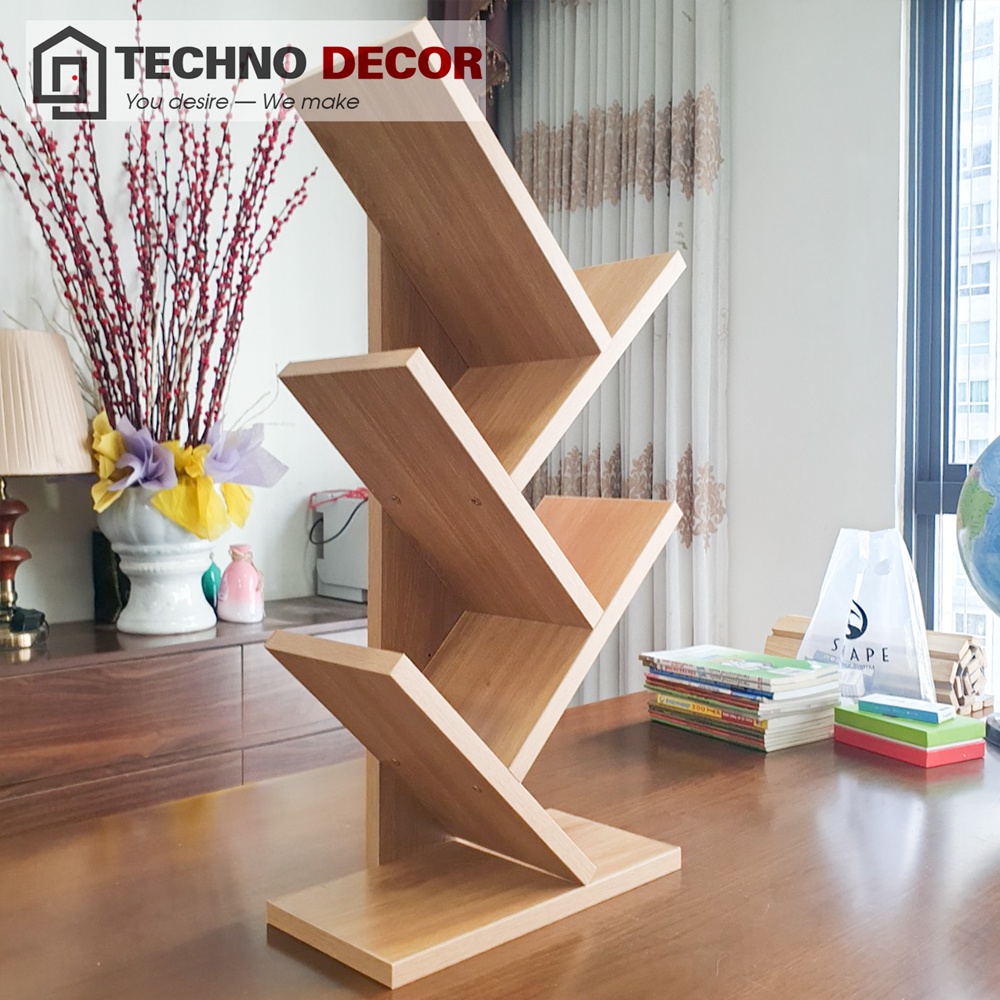 Kệ Sách Hình Cây Decor Phòng Làm Việc Phòng Khách 5 Tầng Nhỏ Gọn 60x31x37cm Bằng Gỗ TechnoDecor